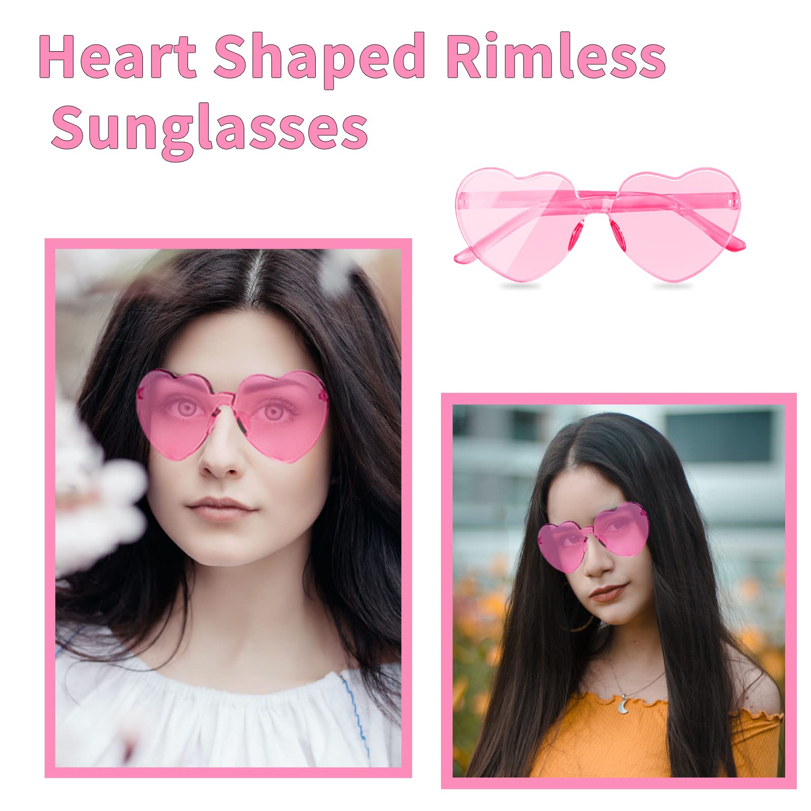 LEFIMOT 12 Pairs Heart Sunglasses Heart Shaped Rimless Sunglasses Frameless Pink Heart Glasses Transparent Party Sunglasses for Women Party Favors