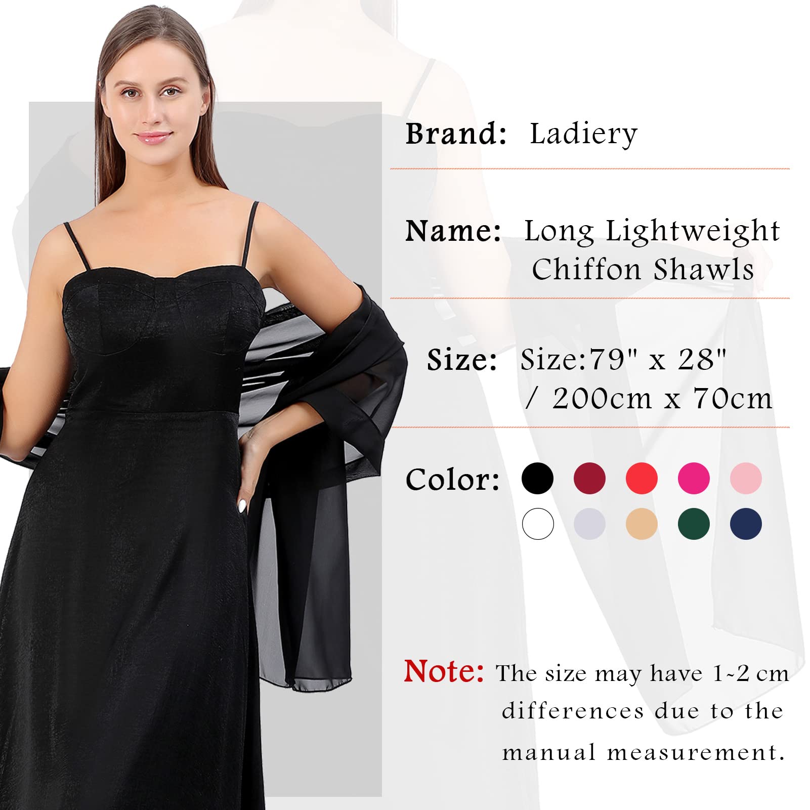 Ladiery Women Chiffon Shawls and Wraps for Evening Dresses, Elegant Soft Sheer Chiffon Stole Bride Wedding Scarf