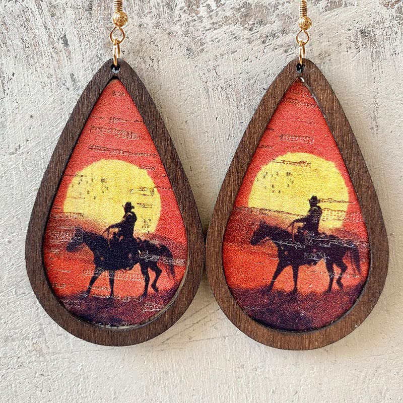 MELLIFO Western Cowgirl Cowboy Earrings Set Boho Vintage Handmade Bohemian Turquoise Cow Print Leather Wood Teardrop Dangle Earrings for Women Girls1