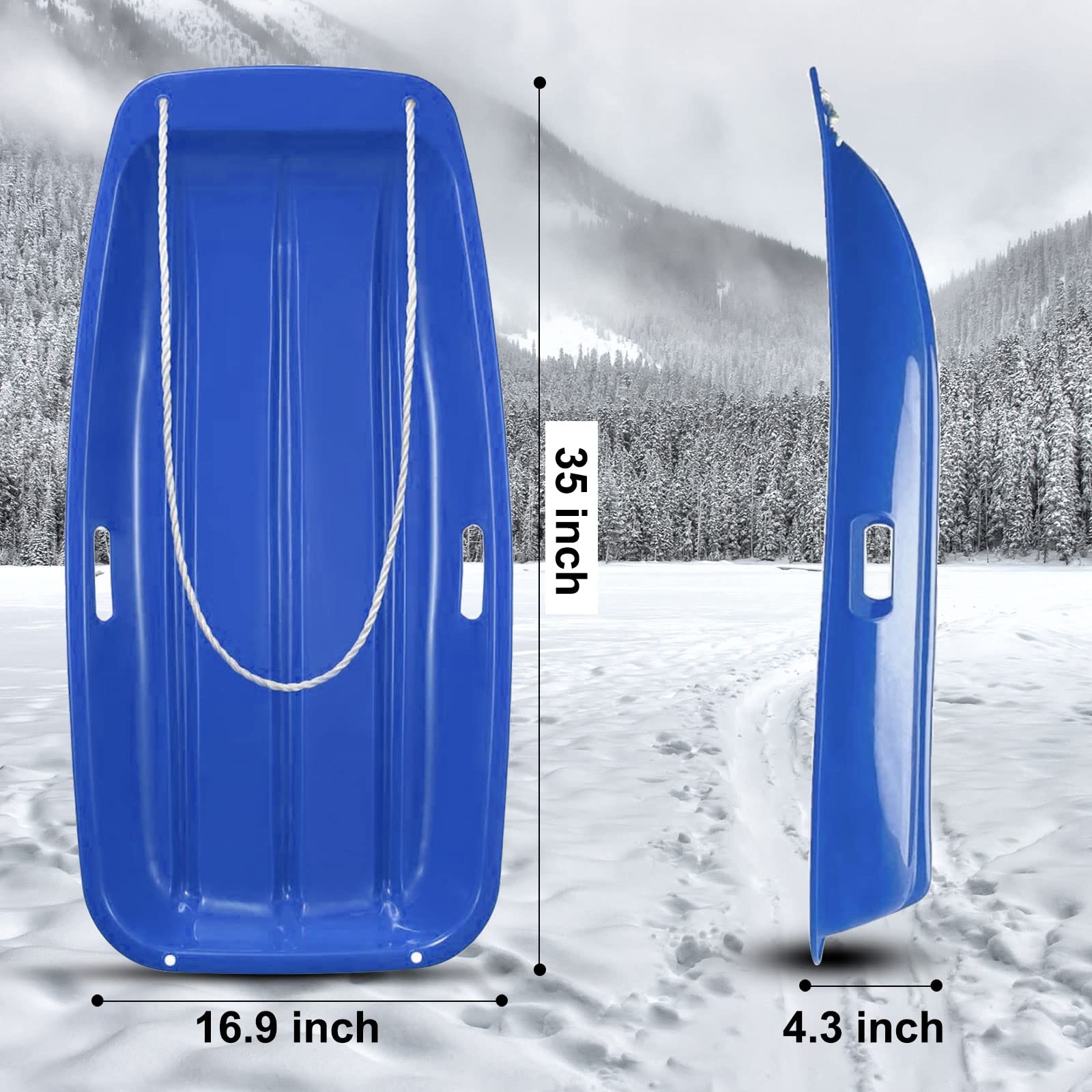 Lightning Snow Sleds 35" Long, 2 Pack Plastic Toboggan Sand Sleds with 2 Handles and a Pull Rope, Winter Snow Fun for Men Women