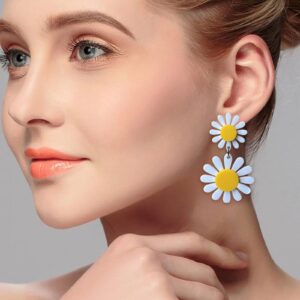 Fiklon Daisy Earrings for Women Dangle Dangling, White Flower Drop Earring 60s 70s Jewelry (Daisy-White)