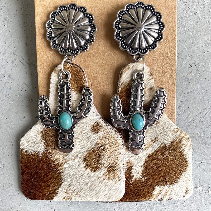 MELLIFO Western Cowgirl Cowboy Earrings Set Boho Vintage Handmade Bohemian Turquoise Cow Print Leather Wood Teardrop Dangle Earrings for Women Girls1