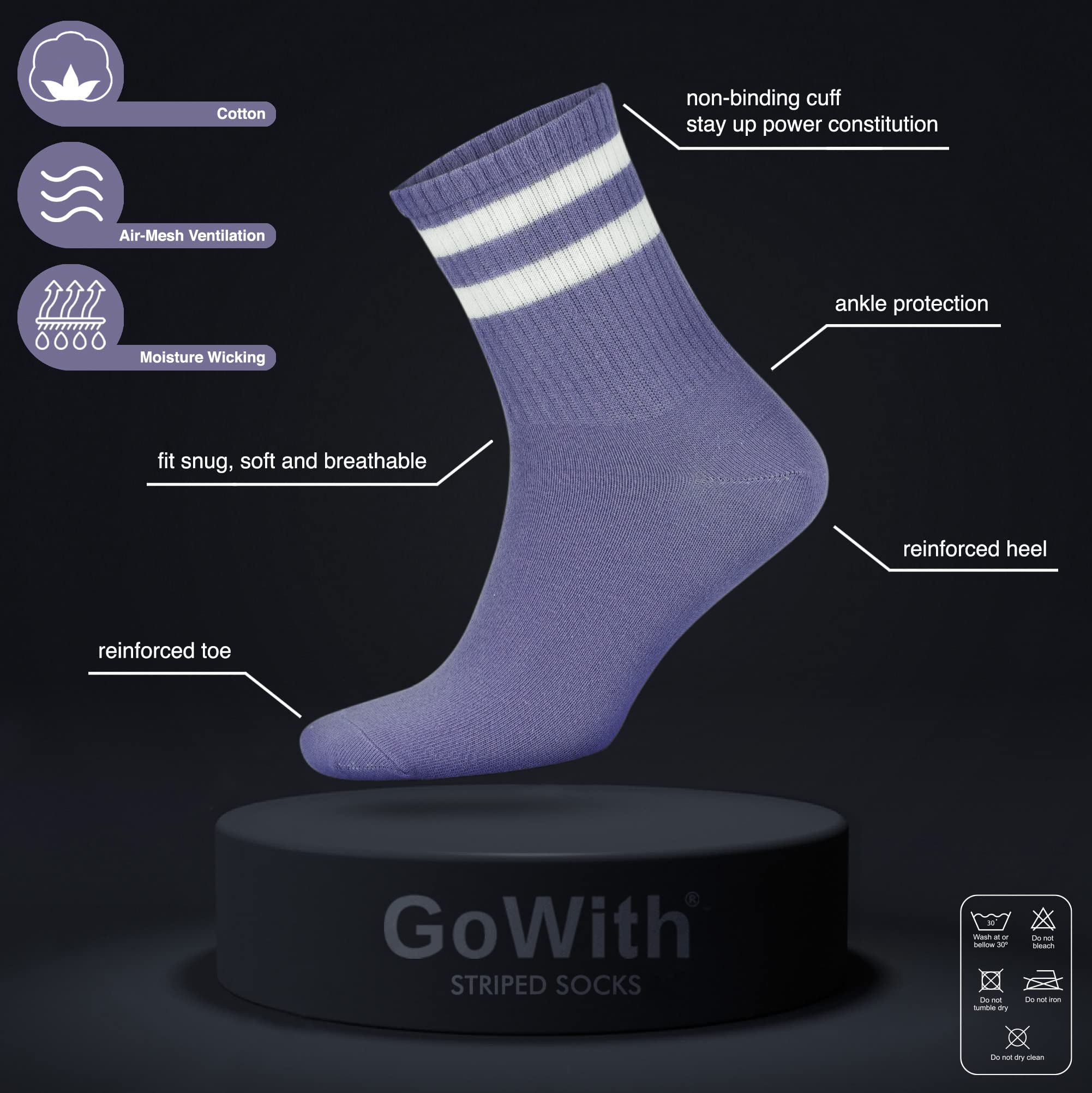 GoWith 3-4 Pairs Cotton Colorful Retro Thin Striped Socks for Men & Women, Casual Soft Lightweight Quarter Socks L/XL, Purple, Model 3501