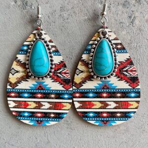 MELLIFO Western Cowgirl Cowboy Earrings Set Boho Vintage Handmade Bohemian Turquoise Cow Print Leather Wood Teardrop Dangle Earrings for Women Girls1