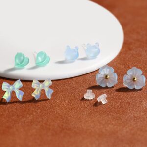 Plastic Earrings, KMEOSCH 4 Pairs Plastic Earrings for Sensitive Ears Surgery, Cute Heart Flower Bear Plastic Posts Stud Earrings Retainers Blue