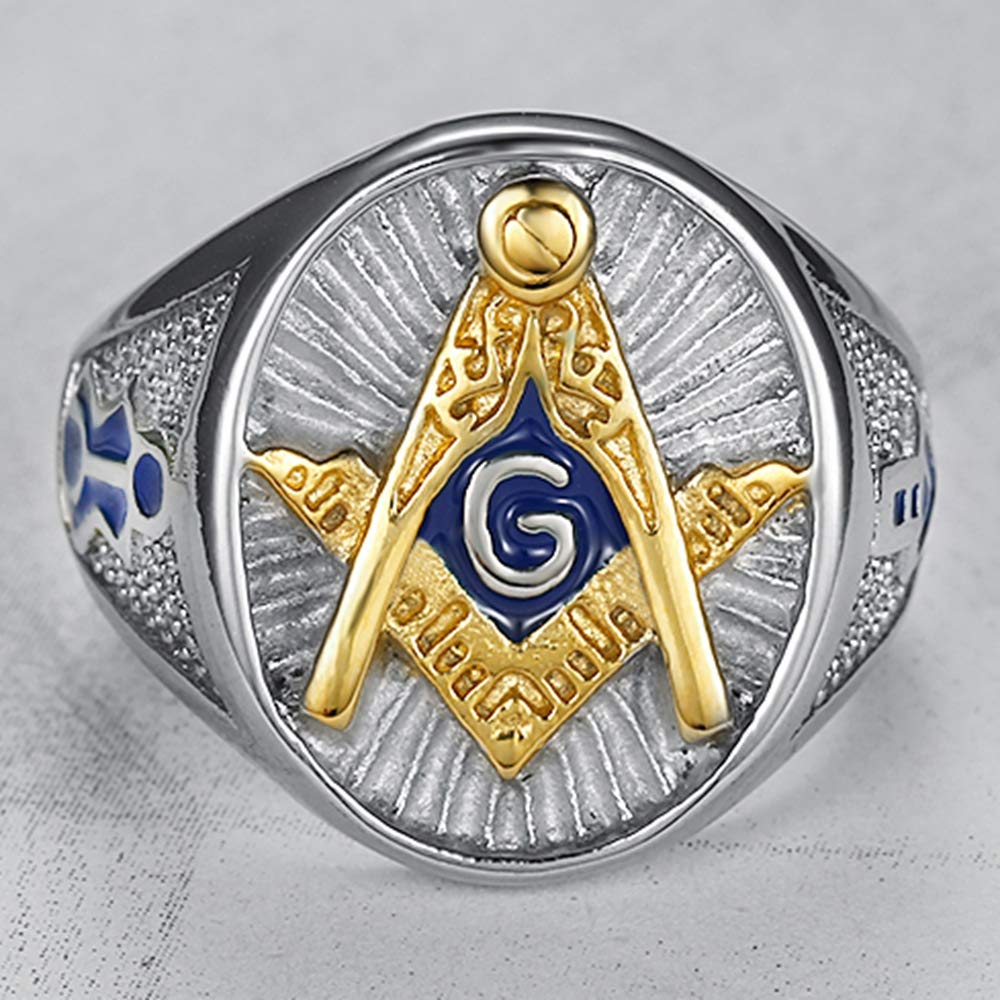 Jude Jewelers Stainless Steel Blue Gold Two Tone Masonic Master Mason Ring (Silver, 10.5)