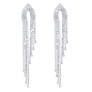 silver rhinestone earrings dangling for women hypoallergenic long tassel drop dangle earrings for wedding