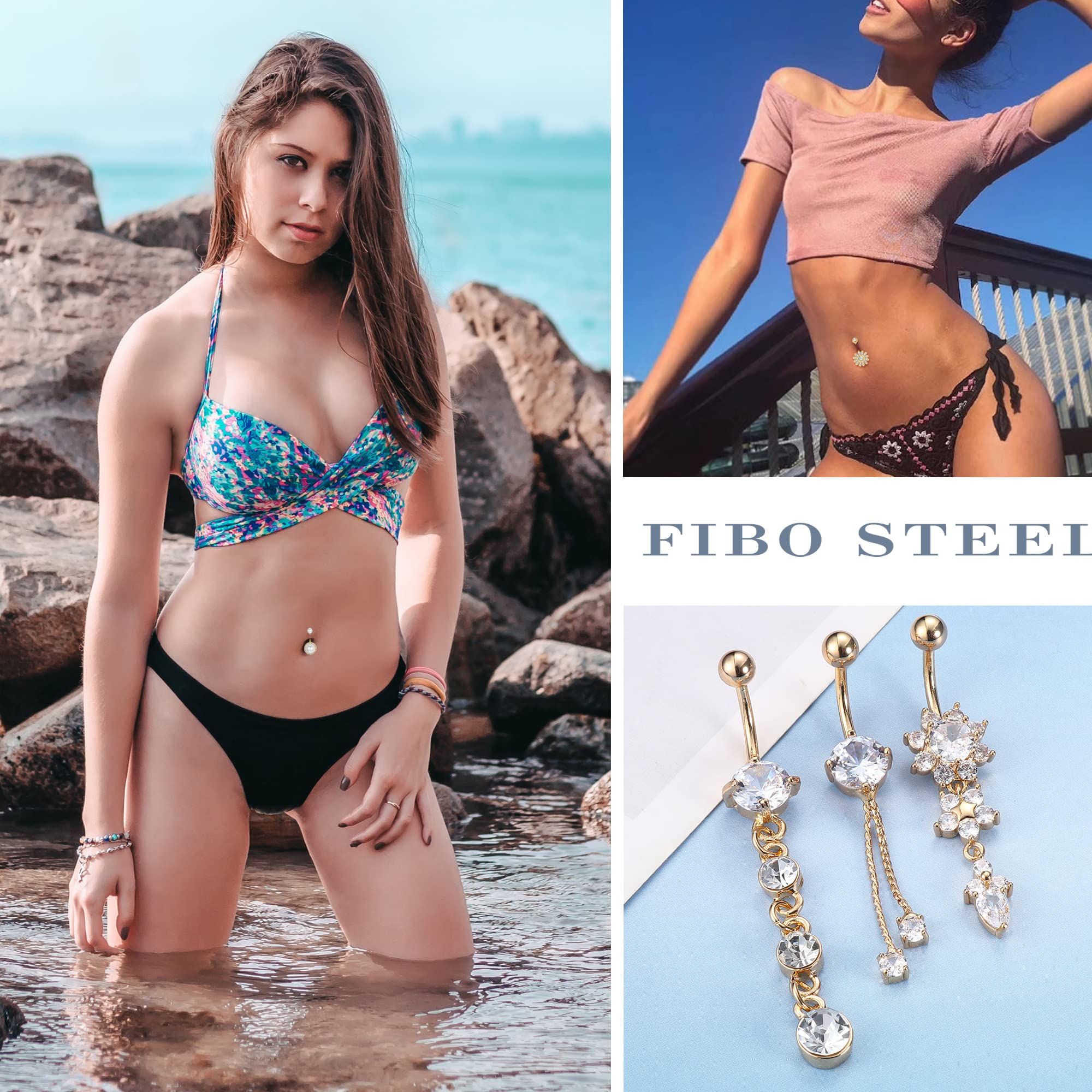 FIBO STEEL 14G Belly Button Rings Dangle 316L Stainless Steel Belly Rings for Women Navel Piercing Jewelry 12 Pcs Gold