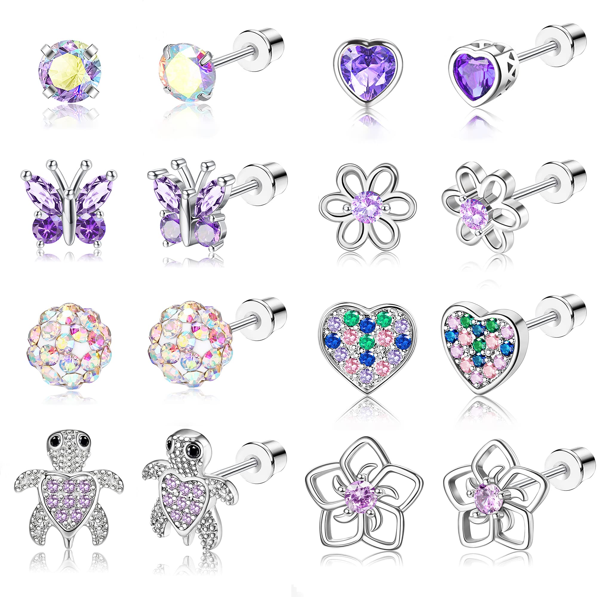 FUNRUN JEWELRY 8Pairs Hypoallergenic Screwback Earrings for Women 316L Stainless Steel CZ Heart Rainbow Butterfly Flower Multicolored Screw Back Stud Earrings Set(Purple) Age:Over 3 years old