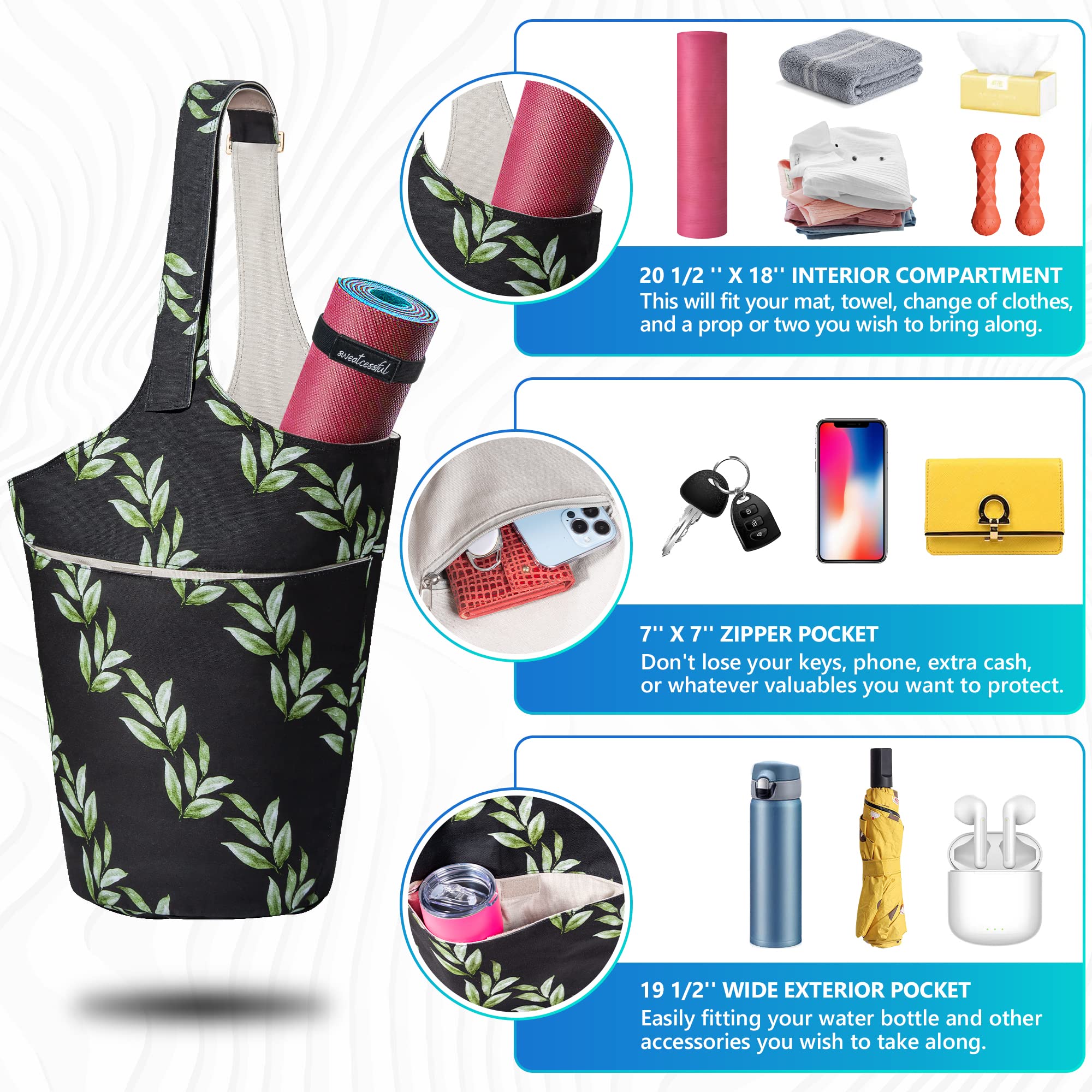 Sweatcessful Yoga Mat Bag - Fits Most Size Mats - Holds More Yoga Accessories - Extra-Large, Multi-Functional Tote With Pockets - Wide, Adjustable Shoulder Strap