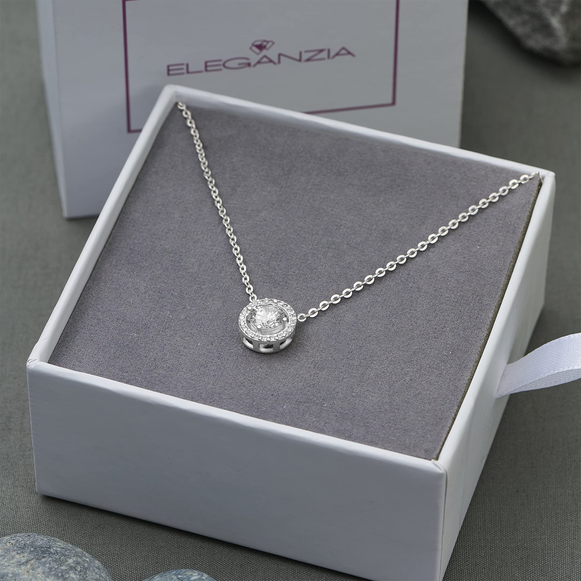 ELEGANZIA Cubic Zirconia Necklace for Women Silver, Round Cut Solitaire Necklace Adjustable 18" - 20" Polo Chain, Halo CZ Necklace Wedding Necklaces for Brides