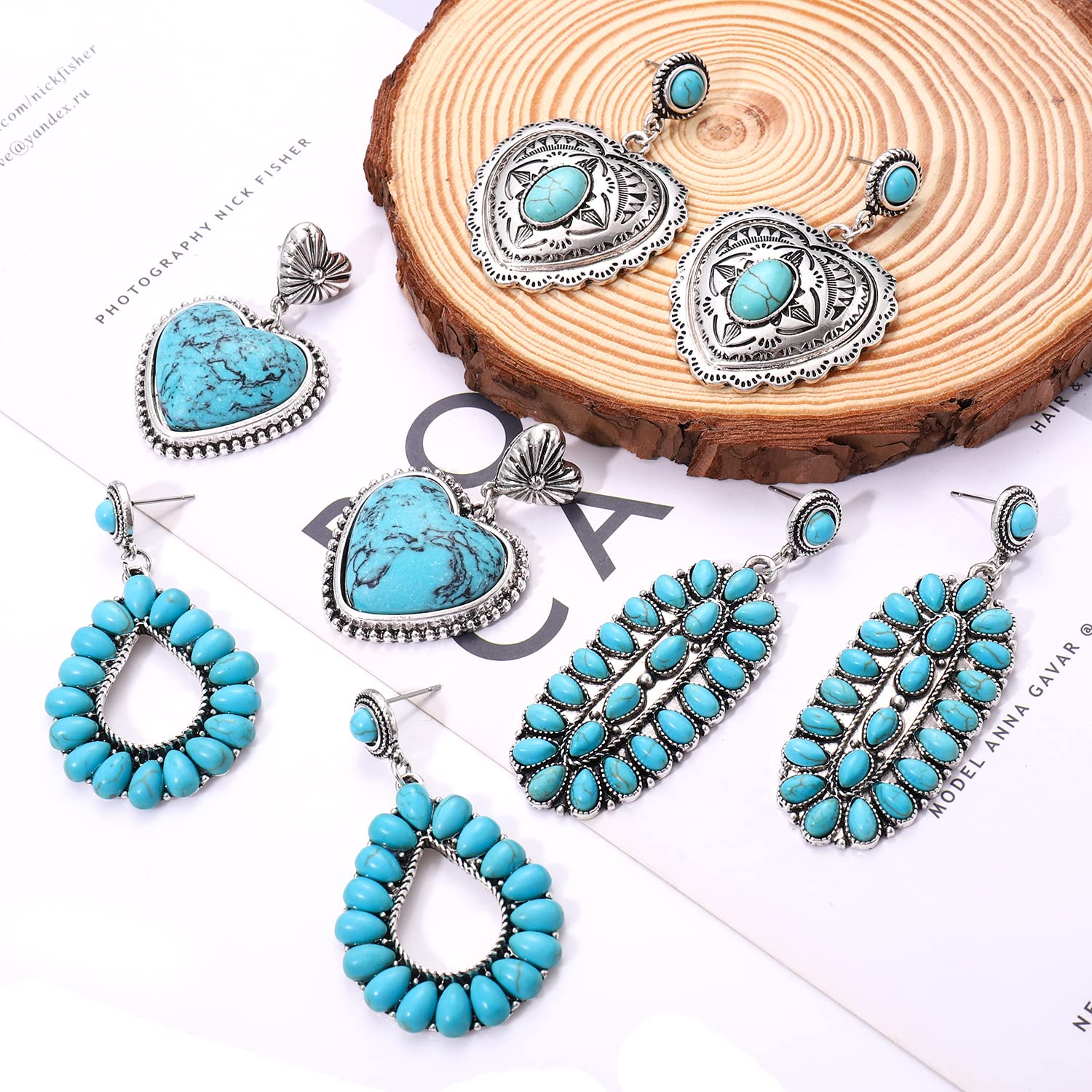 GLBCC Turquoise Earrings for Women Boho Statement Turquoise Heart Teardrop Dangle Earrings Western Country Leaf Earrings Vintage Native American Summer Beach Earrings Jewelry Accessories