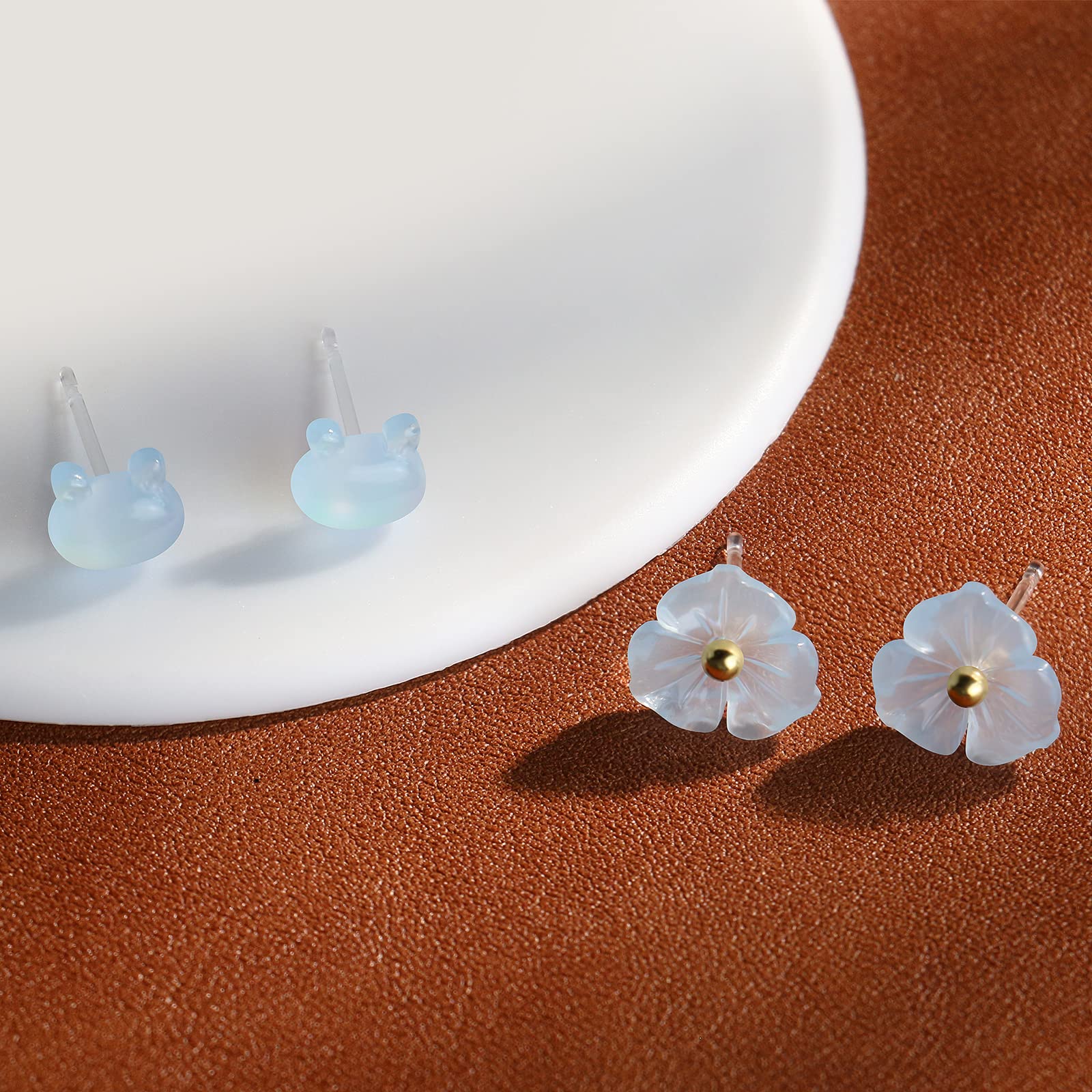 Plastic Earrings, KMEOSCH 4 Pairs Plastic Earrings for Sensitive Ears Surgery, Cute Heart Flower Bear Plastic Posts Stud Earrings Retainers Blue