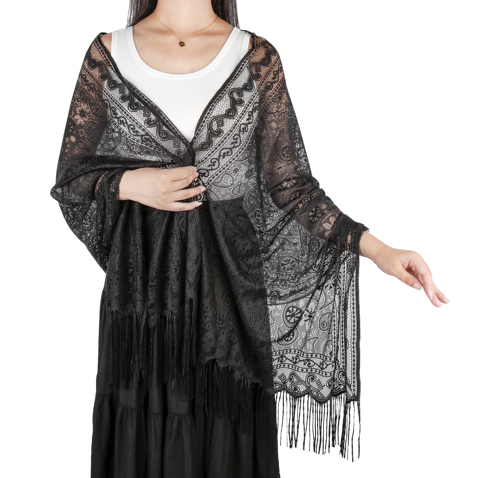 Ladiery Lace Shawls and Wraps For Women Evening Party Dress, Soft Cashew Floral Lightweight Fringe Stole for Wedding