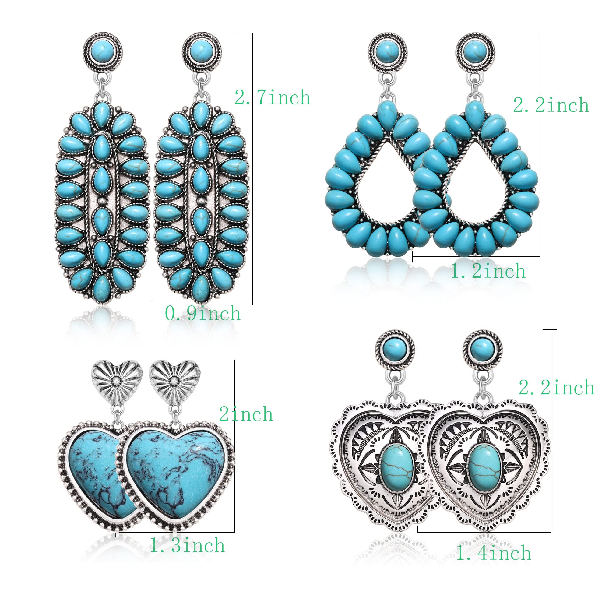 GLBCC Turquoise Earrings for Women Boho Statement Turquoise Heart Teardrop Dangle Earrings Western Country Leaf Earrings Vintage Native American Summer Beach Earrings Jewelry Accessories