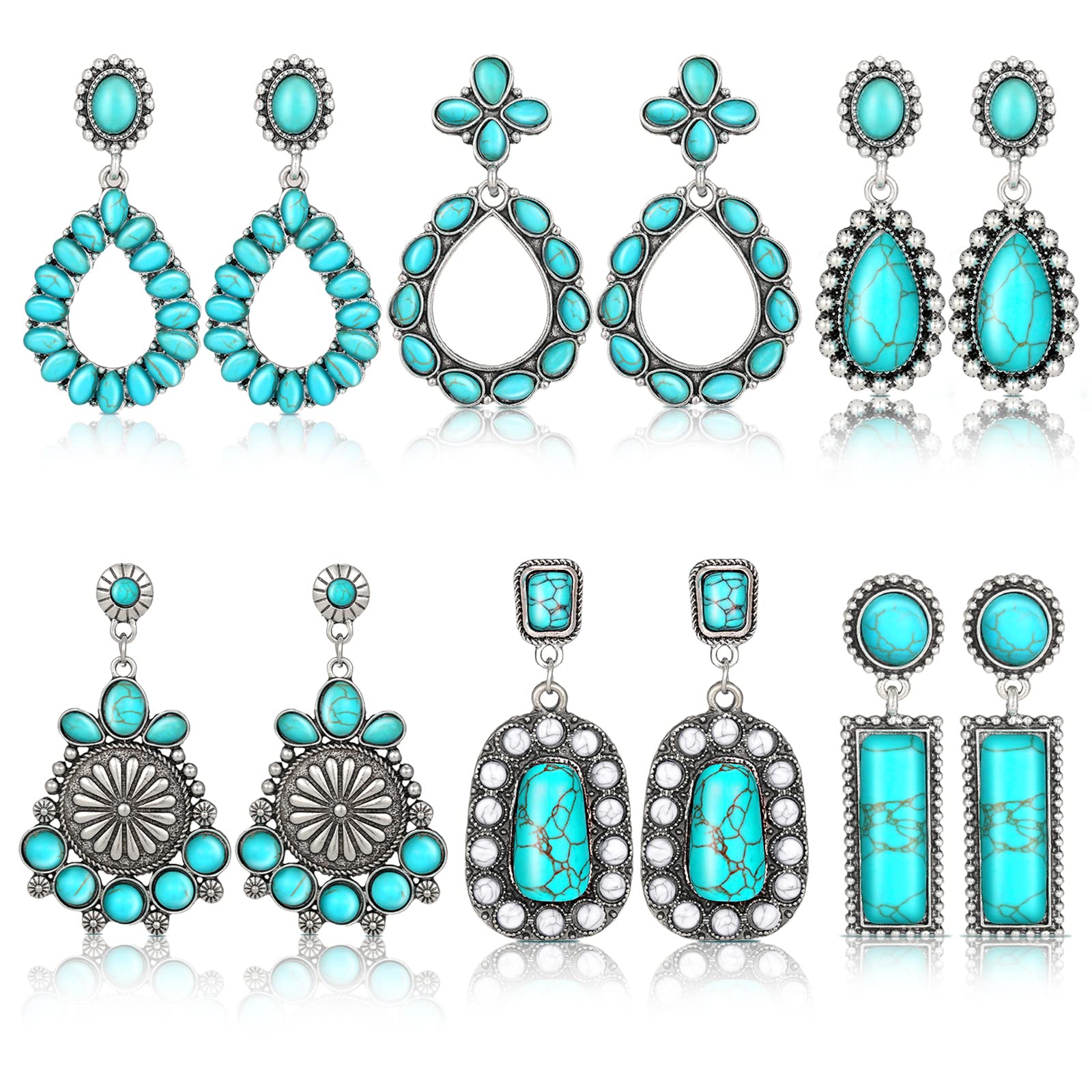 BBTO 6 Pairs Turquoise Oval Earrings Turquoise Bohemian Dangle Boho Cowboy Leather Vintage Earrings Leather Wood Teardrop Earrings Aztec Pattern Turquoise Earrings for Halloween Women(Classic)