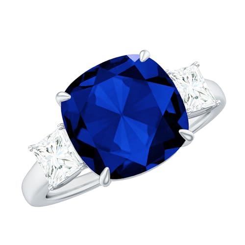 Rosec Jewels Certified Lab Grown Blue Sapphire 10mm Cushion Cut Engagement Ring with Moissanite, AAAA Quality, Past Present Future Ring, 14K White Gold, Size:US 7.00