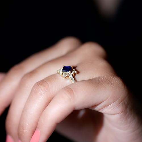 Rosec Jewels Certified Lab Grown Blue Sapphire Diamond Vintage Ring, 5 MM Sapphire Princess Cut Engagement Ring, AAAA Quality, 14K Yellow Gold, Size:US 7.50