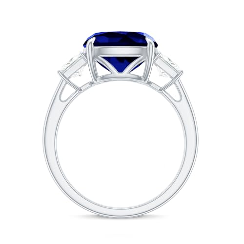 Rosec Jewels Certified Lab Grown Blue Sapphire 10mm Cushion Cut Engagement Ring with Moissanite, AAAA Quality, Past Present Future Ring, 14K White Gold, Size:US 7.00