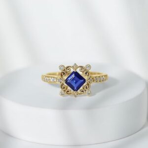 Rosec Jewels Certified Lab Grown Blue Sapphire Diamond Vintage Ring, 5 MM Sapphire Princess Cut Engagement Ring, AAAA Quality, 14K Yellow Gold, Size:US 7.50