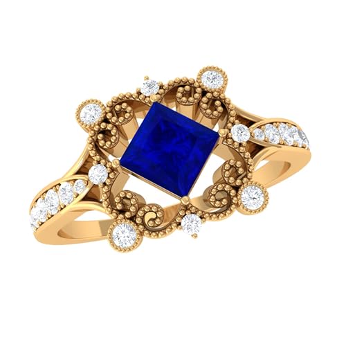 Rosec Jewels Certified Lab Grown Blue Sapphire Diamond Vintage Ring, 5 MM Sapphire Princess Cut Engagement Ring, AAAA Quality, 14K Yellow Gold, Size:US 7.50