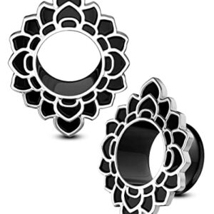 COCHARM 2PCS 8mm Ear Gauges Black Plugs Gauges Double Flare Lotus Gauge Earrings Size 0g Gauge Plugs for Ear Stainless Steel 0 Gauges for Women