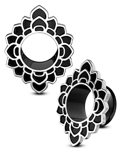 COCHARM 2PCS 8mm Ear Gauges Black Plugs Gauges Double Flare Lotus Gauge Earrings Size 0g Gauge Plugs for Ear Stainless Steel 0 Gauges for Women