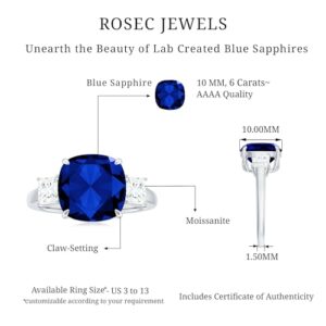 Rosec Jewels Certified Lab Grown Blue Sapphire 10mm Cushion Cut Engagement Ring with Moissanite, AAAA Quality, Past Present Future Ring, 14K White Gold, Size:US 7.00