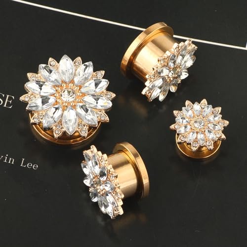 Lieson Ear Tunnels, 2PCS Stainless Steel Tunnels For Ears Flower with Cubic Zirconia Ear Gauges 5/8 inch Rose Gold