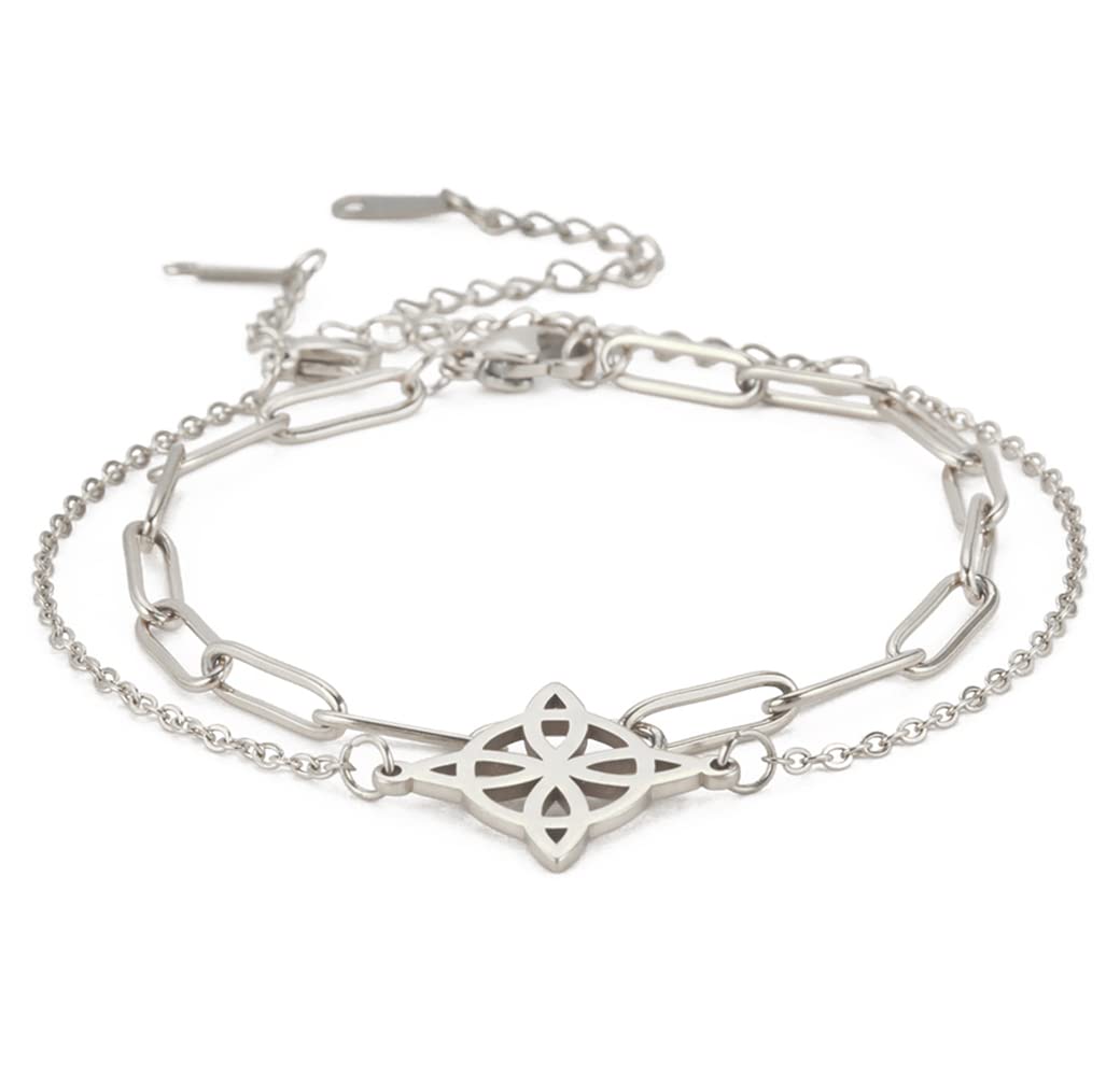 Witches Knot Bracelet For Women Celtic Knot Wiccan Symbol Layered Bracelet Stainless Steel Unique Charm Adjustable Double Layer Bracelet (silver, Stainless Steel)