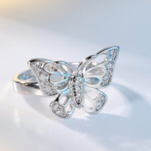 HUKQBUNX 925 Sterling Silver creative women's Zircon hand decoration Animal Butterfly small crystal small diamond women's fresh ring size 6-10 (Size 9)