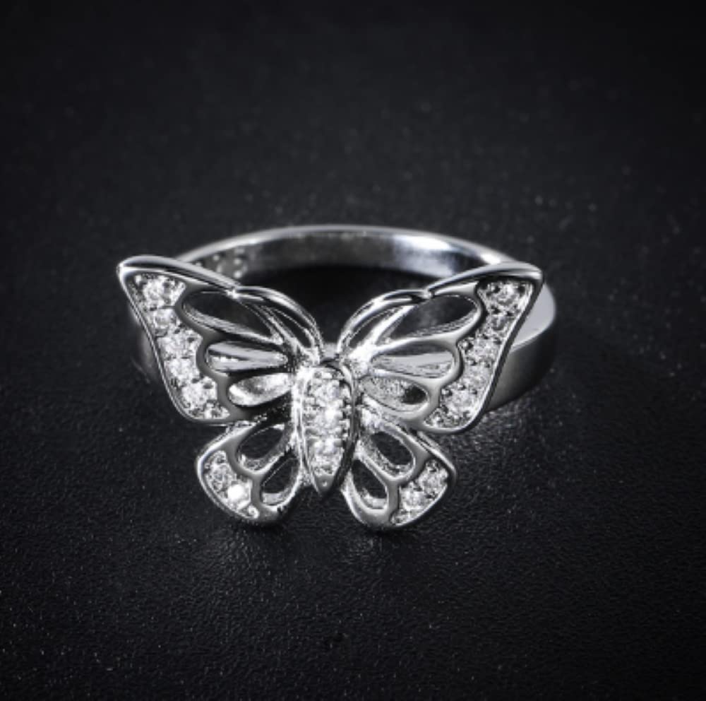 HUKQBUNX 925 Sterling Silver creative women's Zircon hand decoration Animal Butterfly small crystal small diamond women's fresh ring size 6-10 (Size 9)