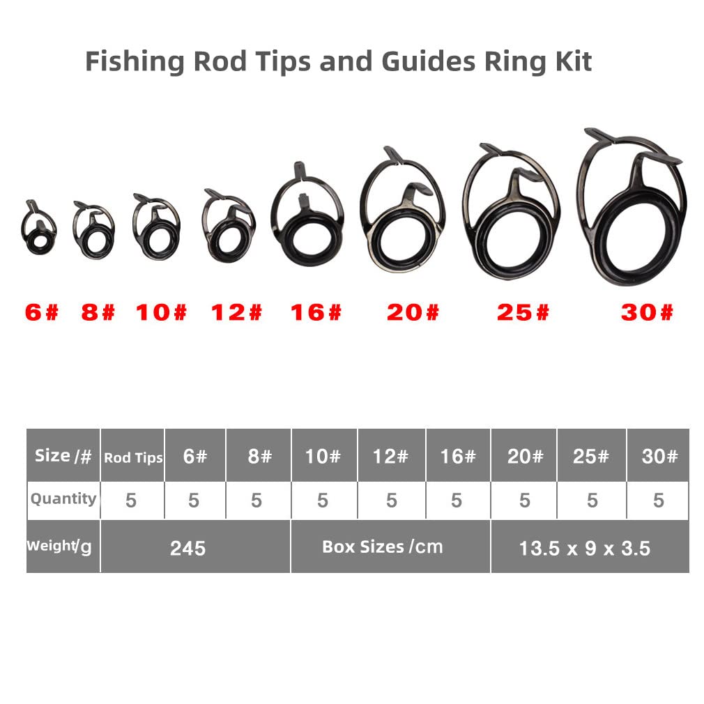 45pcs/Box Fishing Rod Repair Kit, Fishing Rod Tips and Guides Replacement Kit, Ceramic Guide Ring Fishing Pole Tip Repair Kit Fishing Rod Eyes Repair Guides