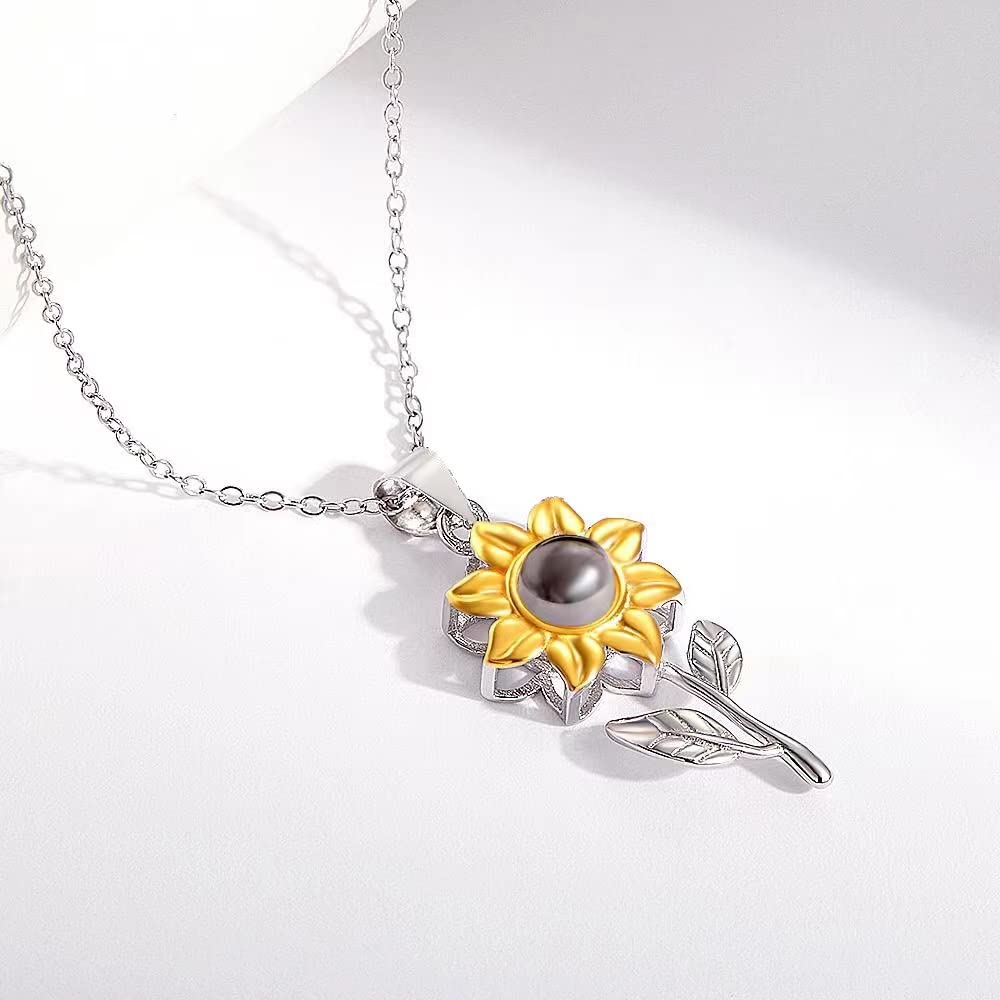 Personalized Photo Projection Necklace Custom Sunflower Photo Necklace with Picture Inside Sterling Silver Projection Necklace Custom Photo Gifts for Women Wife Mom