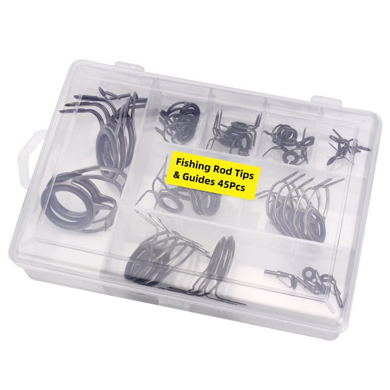 45pcs/Box Fishing Rod Repair Kit, Fishing Rod Tips and Guides Replacement Kit, Ceramic Guide Ring Fishing Pole Tip Repair Kit Fishing Rod Eyes Repair Guides