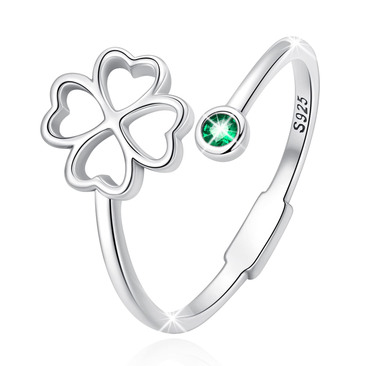 MUNDELL 925 Sterling Silver Simple Four Leaf Clover Adjustable Ring Green Zircon Lucky Statement Rings for Women Stacking Rings Fashion Jewelry