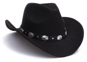 black cowboy cowgirl hat for women men western style wide brim felt fedora panama hat with detachable belt buckle