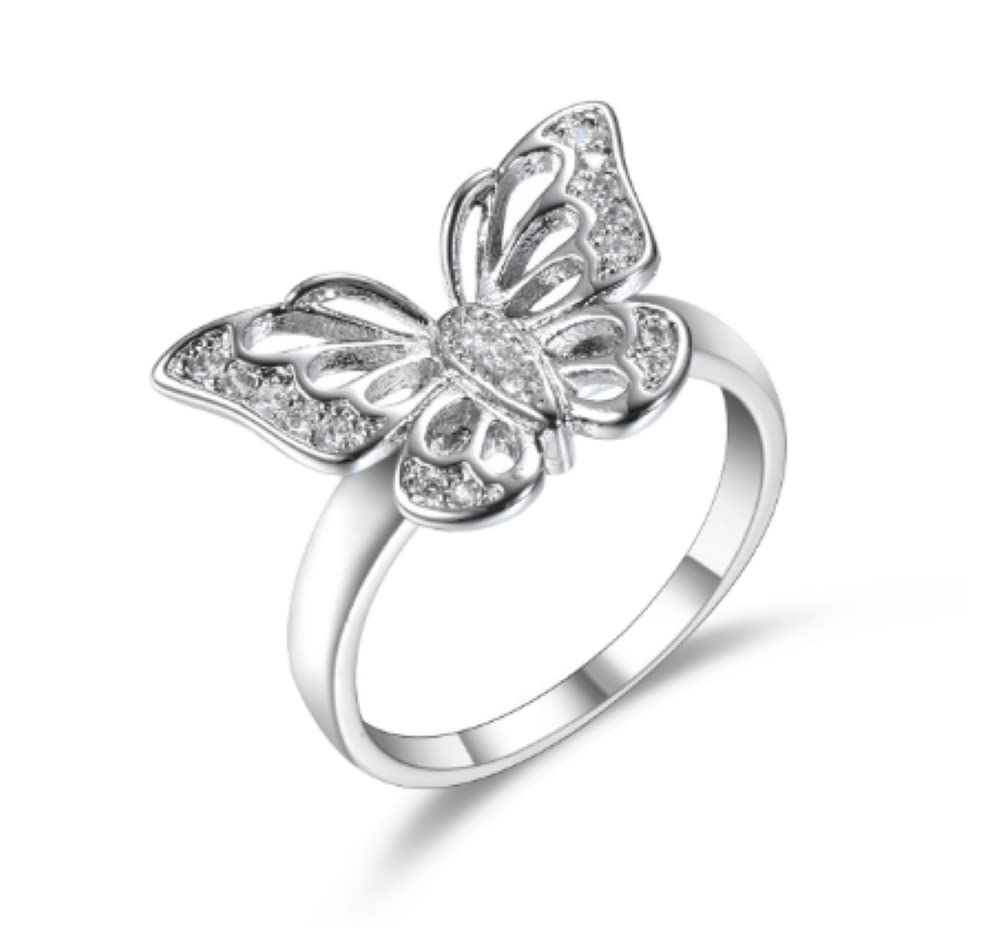 HUKQBUNX 925 Sterling Silver creative women's Zircon hand decoration Animal Butterfly small crystal small diamond women's fresh ring size 6-10 (Size 9)