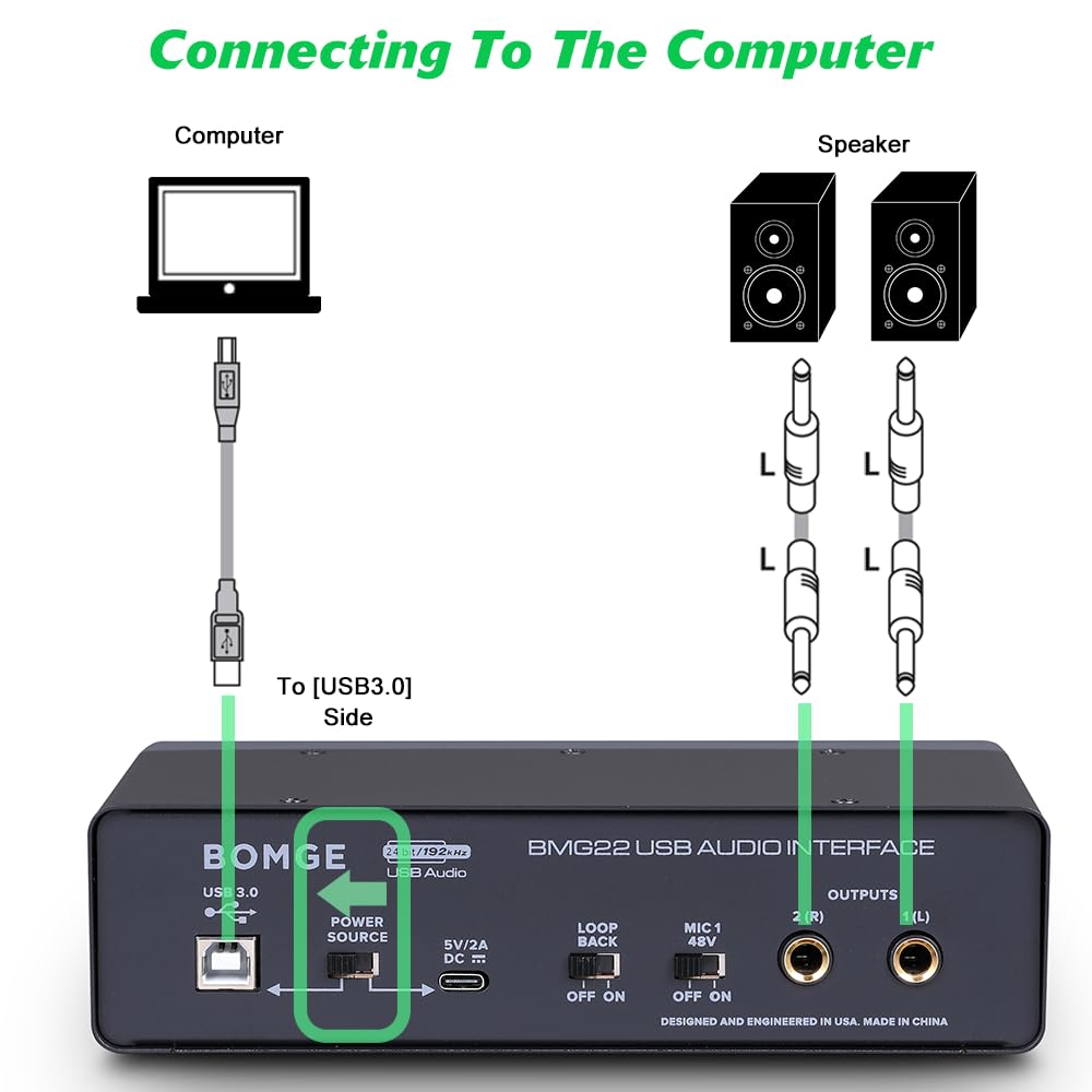 BOMGE USB Audio Interface(24 bit/192 kHz) with XLR,phantom power,Direct Monitoring,Loopback for PC Recording,Streaming,Guitarist,Vocalist and Podcasting