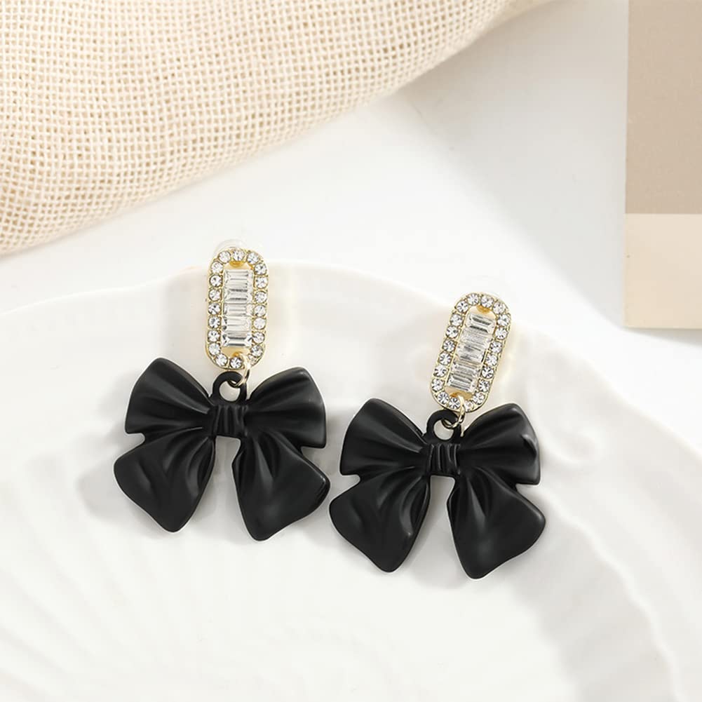 Channel V Black Bow Earrings for Women Rhinestone Black Red Vintage Earrings Luxury Sparkle Statement Square Crystal Jewelry Ribbon Bowknot Party Earrings(Black)