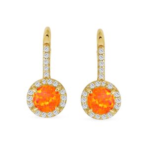 Antique Style Gemstone Cubic Zirconia Accent Pave Halo CZ Round Solitaire Circle Created Opal Drop Earrings For Women Lever Back Yellow Gold Plated .925 Sterling Silver October Birthstone