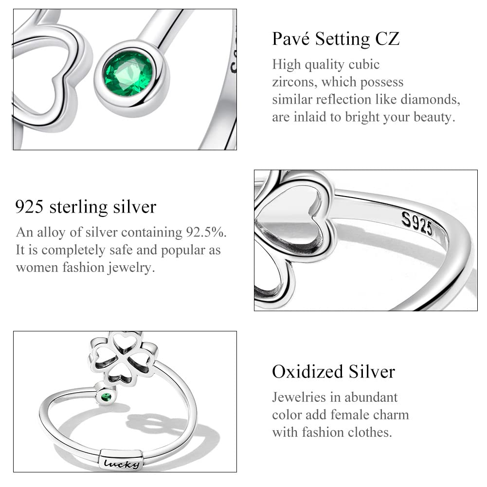 MUNDELL 925 Sterling Silver Simple Four Leaf Clover Adjustable Ring Green Zircon Lucky Statement Rings for Women Stacking Rings Fashion Jewelry