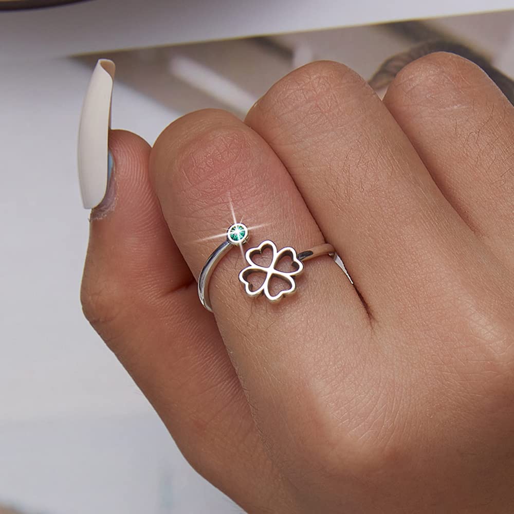 MUNDELL 925 Sterling Silver Simple Four Leaf Clover Adjustable Ring Green Zircon Lucky Statement Rings for Women Stacking Rings Fashion Jewelry