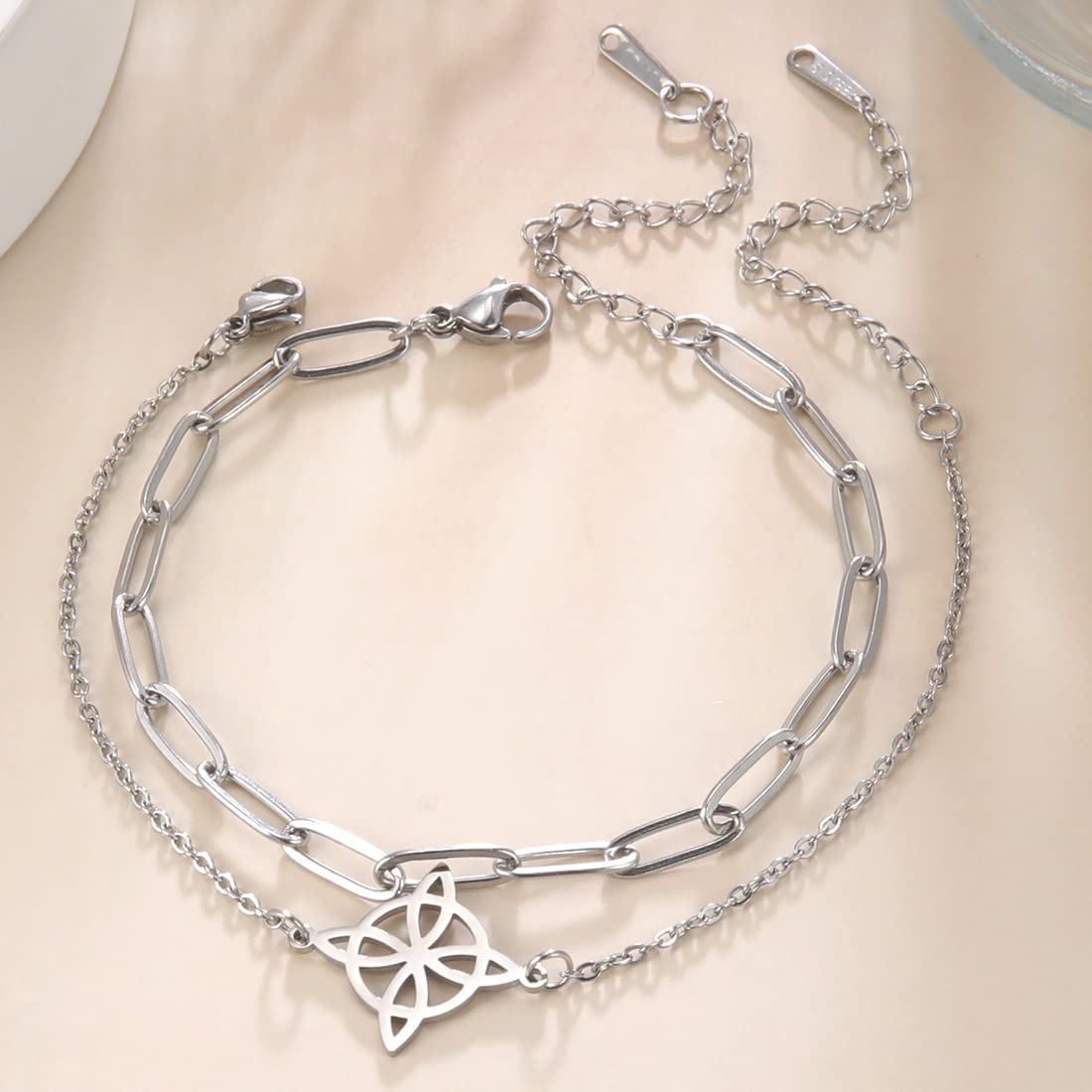 Witches Knot Bracelet For Women Celtic Knot Wiccan Symbol Layered Bracelet Stainless Steel Unique Charm Adjustable Double Layer Bracelet (silver, Stainless Steel)