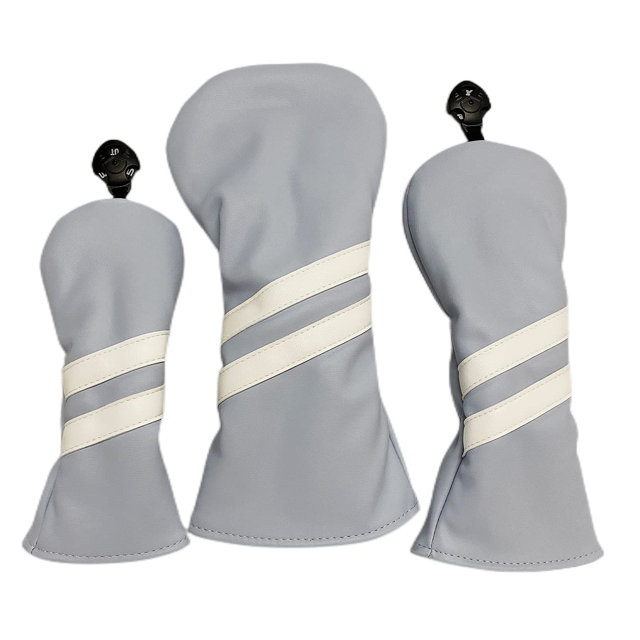 3pcs Golf Wood Head Covers Headcovers Set includes Driver Headcover fits up to 460cc Drivers, Rotatable Golf Fairway Wood Headcover and Hybrid Head Cover (Light Blue| white stripes)