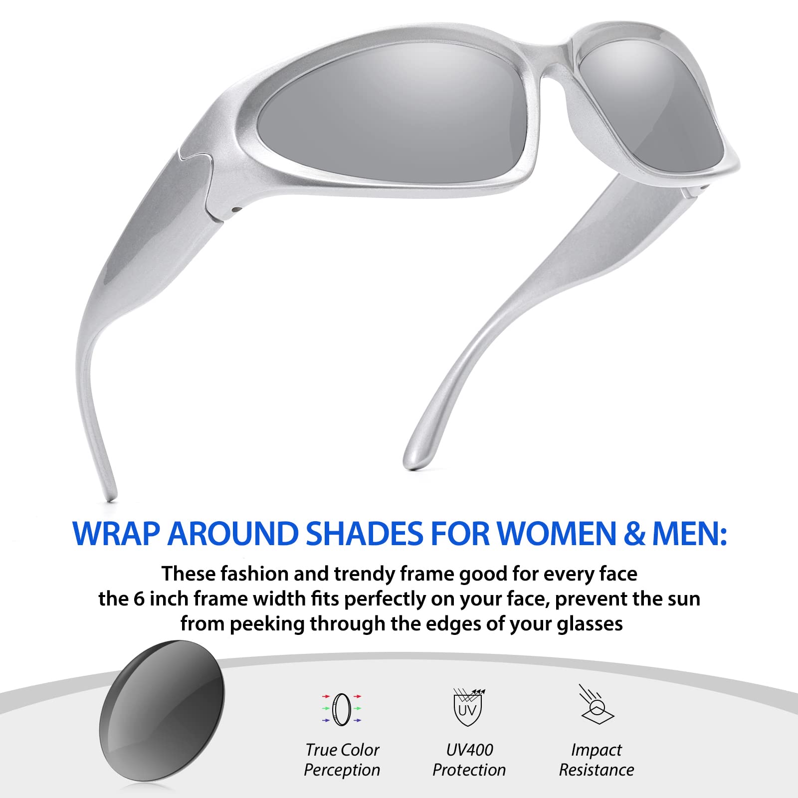 LIKSMU Wrap Around Street Fashion Sunglasses for Women Men Swift Oval Trendy Shades Sun Glasses 100% UV Protection Silver Mirrored Lens and Silver Frame