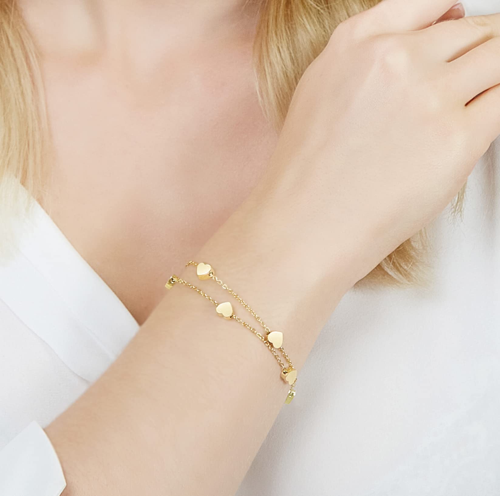 Pera Jewelry Heart Bracelets, 14K Gold Plated and Silver Plated Layered Chain Heart Bracelets for Women with Gift Box, Adjustable Charm Bracelets, Minimalist Fashion Jewelry, Tiny Dainty Bracelets