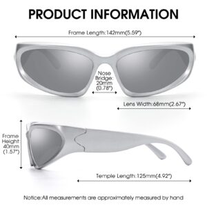 LIKSMU Wrap Around Street Fashion Sunglasses for Women Men Swift Oval Trendy Shades Sun Glasses 100% UV Protection Silver Mirrored Lens and Silver Frame