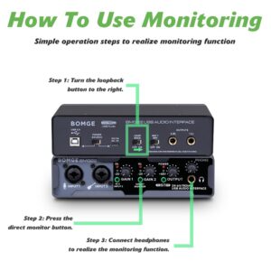 BOMGE USB Audio Interface(24 bit/192 kHz) with XLR,phantom power,Direct Monitoring,Loopback for PC Recording,Streaming,Guitarist,Vocalist and Podcasting