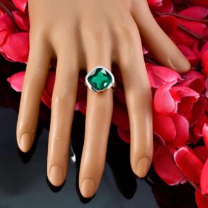 55Carat Bezel Setting Bold Ring sterling silver Created Emerald Cushion shape Green color Wedding Engagement Daily Wear Ring Jewelry Bezel Setting in Size 8 Casual Wear for Gift